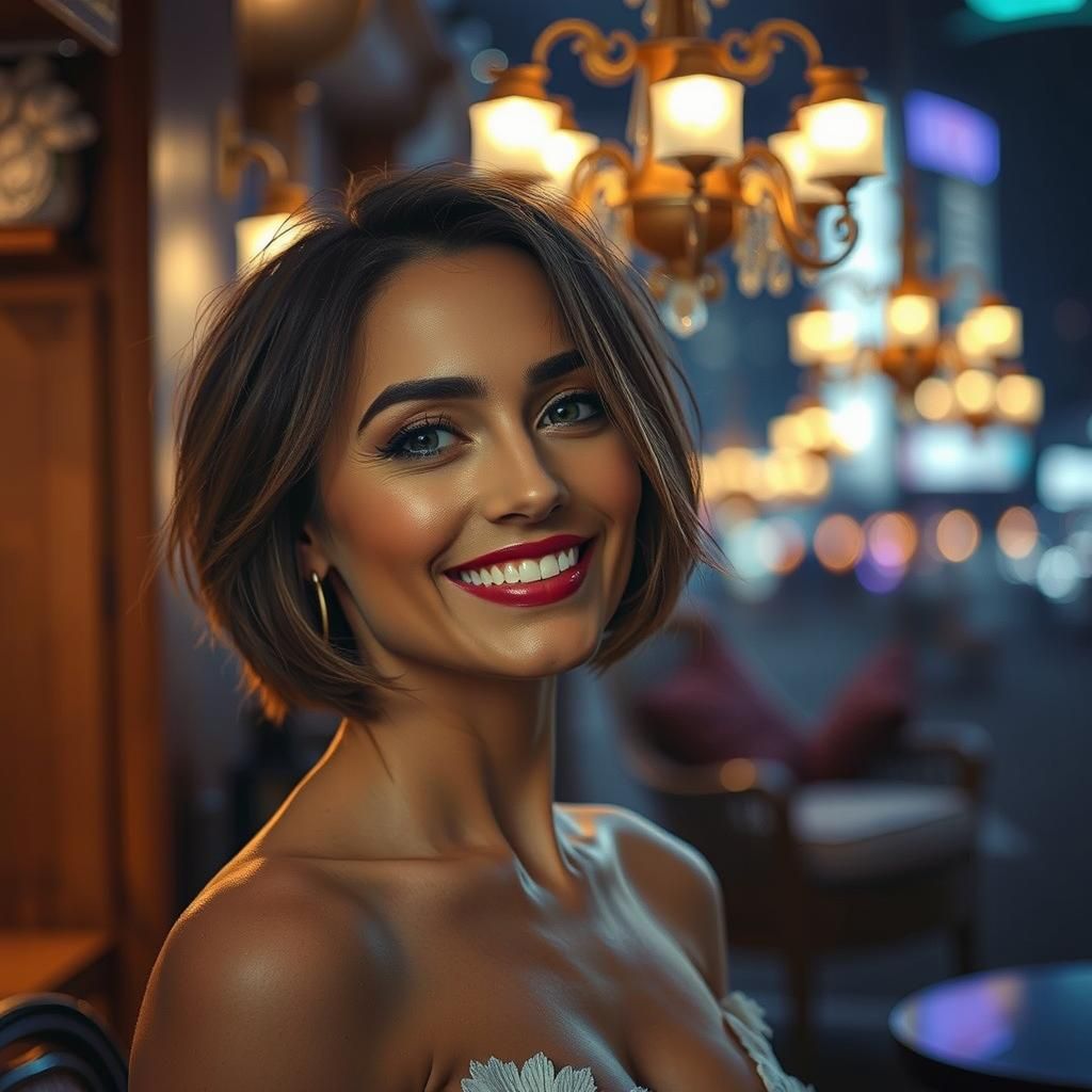 Beautiful Woman in Neon Lit Living Room