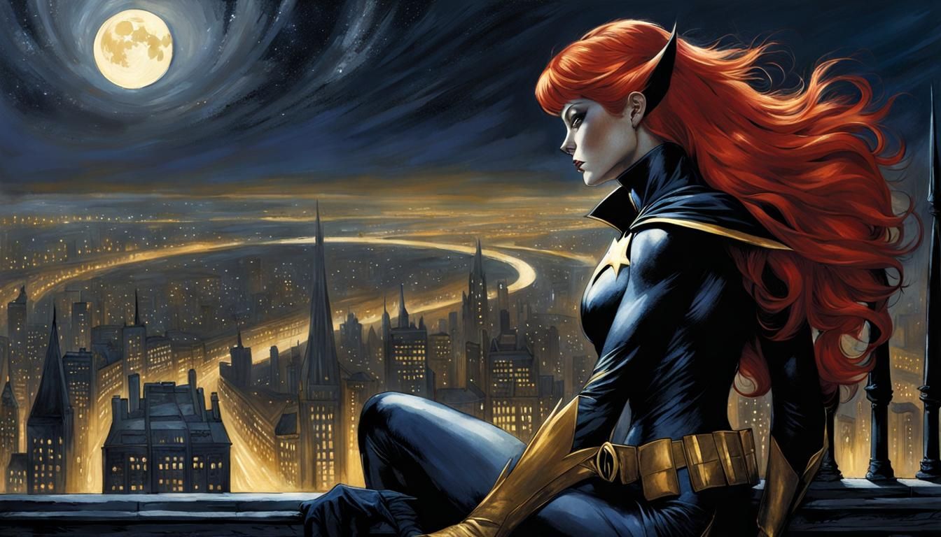 Batgirl Over Gotham in Fantasy Illustration Style