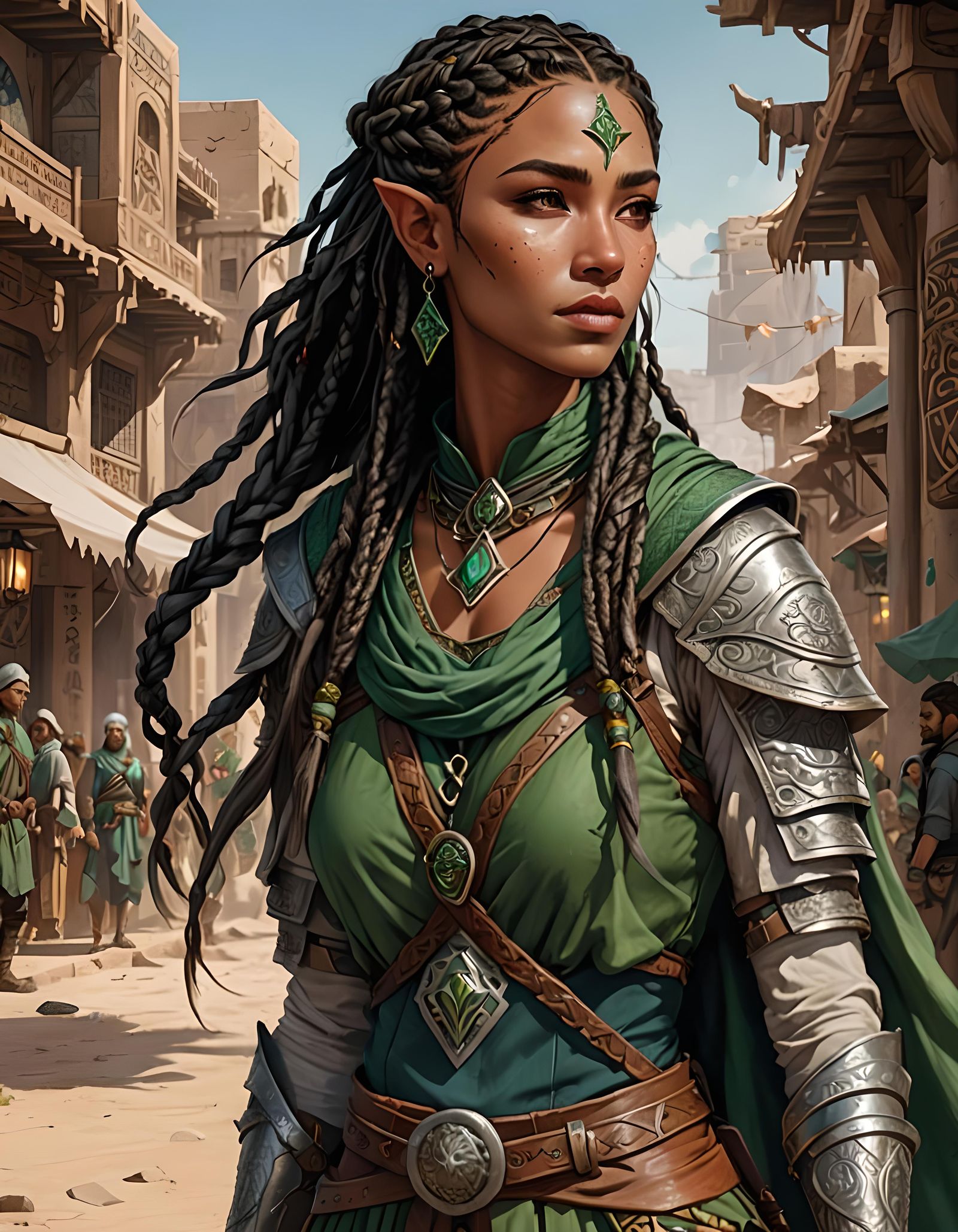 A female half elf druid living in a desert city.