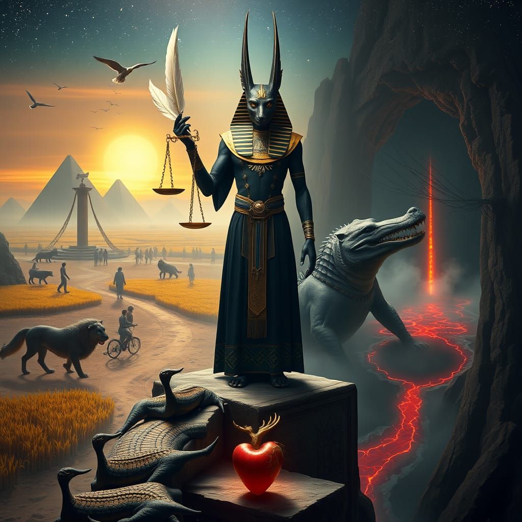 Egyptian God Anubis Weighs Fate in Dreamlike Scene
