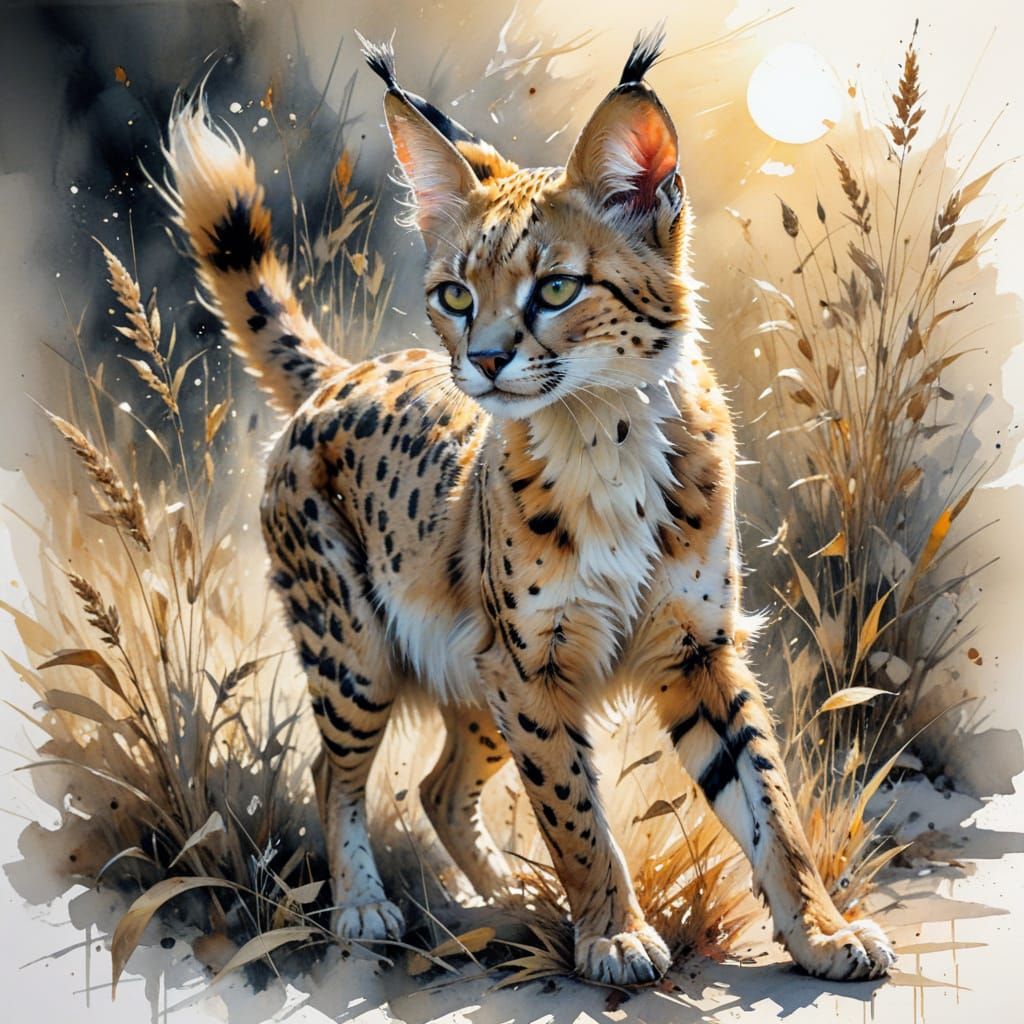 Serval Leaping Through Golden Summer Savanna