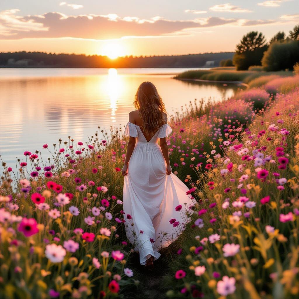 Woman in Wildflower Field at Sunset: Impressionistic Style