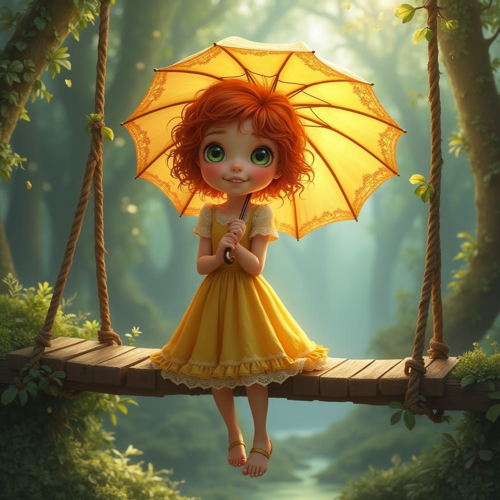 Whimsical Girl on Bridge in Surreal Forest
