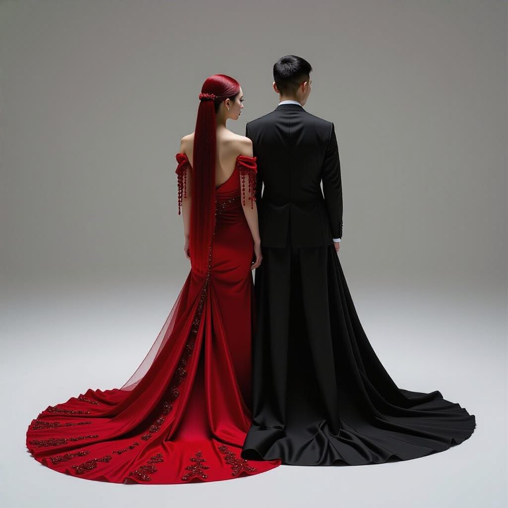 Pre-Raphaelite Chinese Couple in Crimson and Black