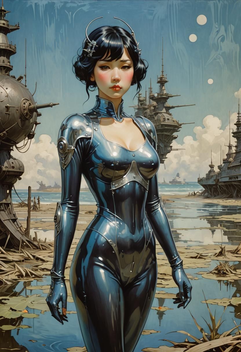 Woman in Latex Suit on Beach in Art Nouveau Style