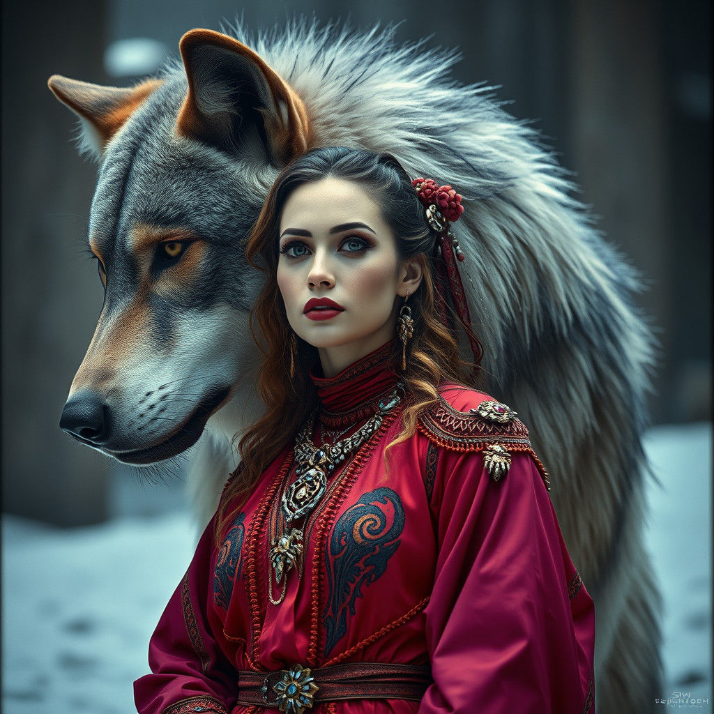Woman and Wolf in Hyperrealistic Cinematic Portrait