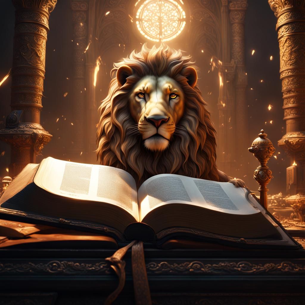 Lion With Bible in Detailed Matte Painting
