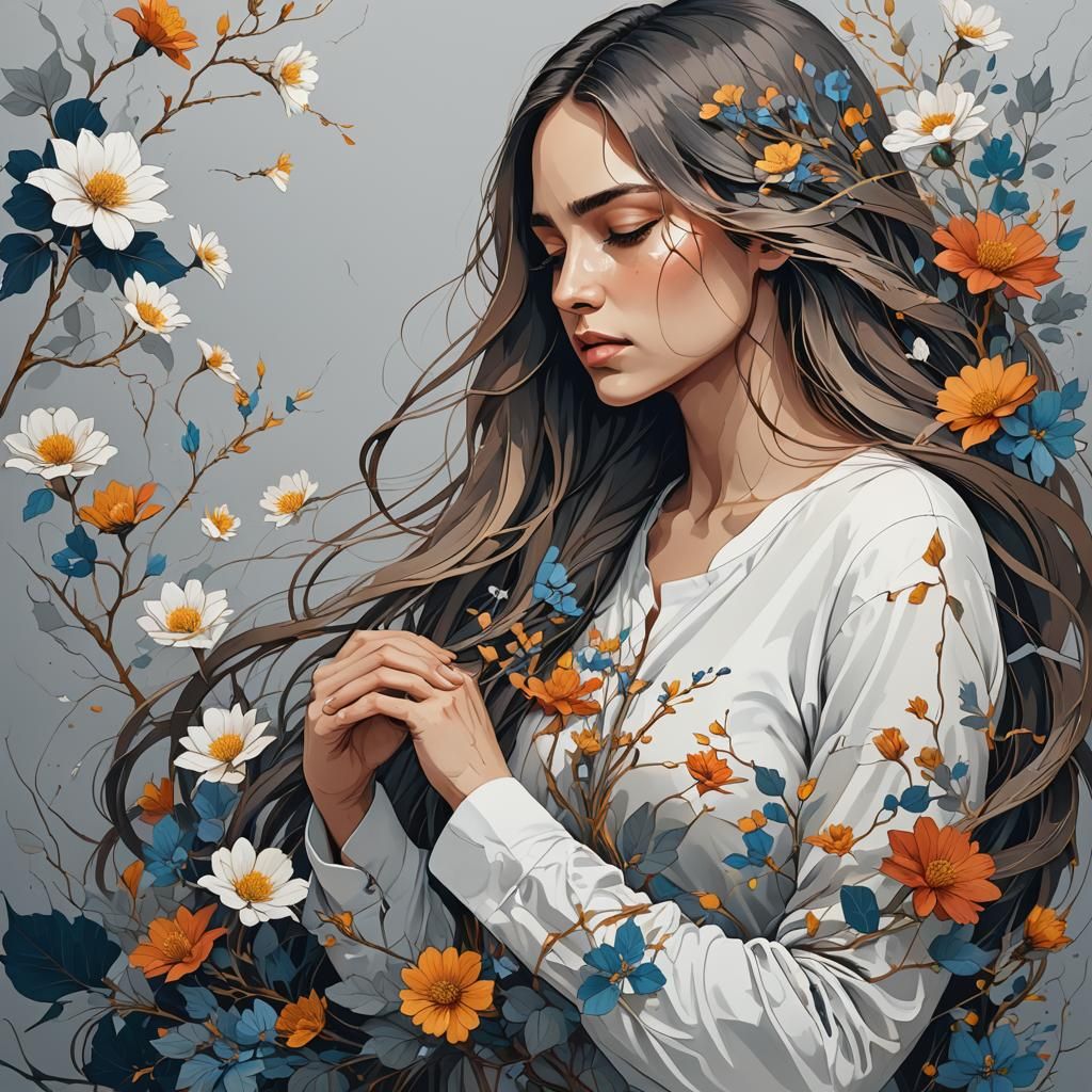 A minimalistic vector style drawing of a young woman with he...