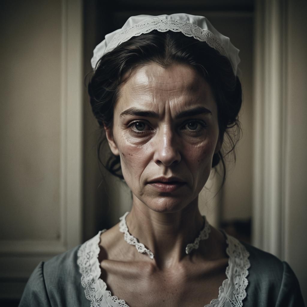 Enigmatic Housemaid in Mansion: Cinematic Portrait