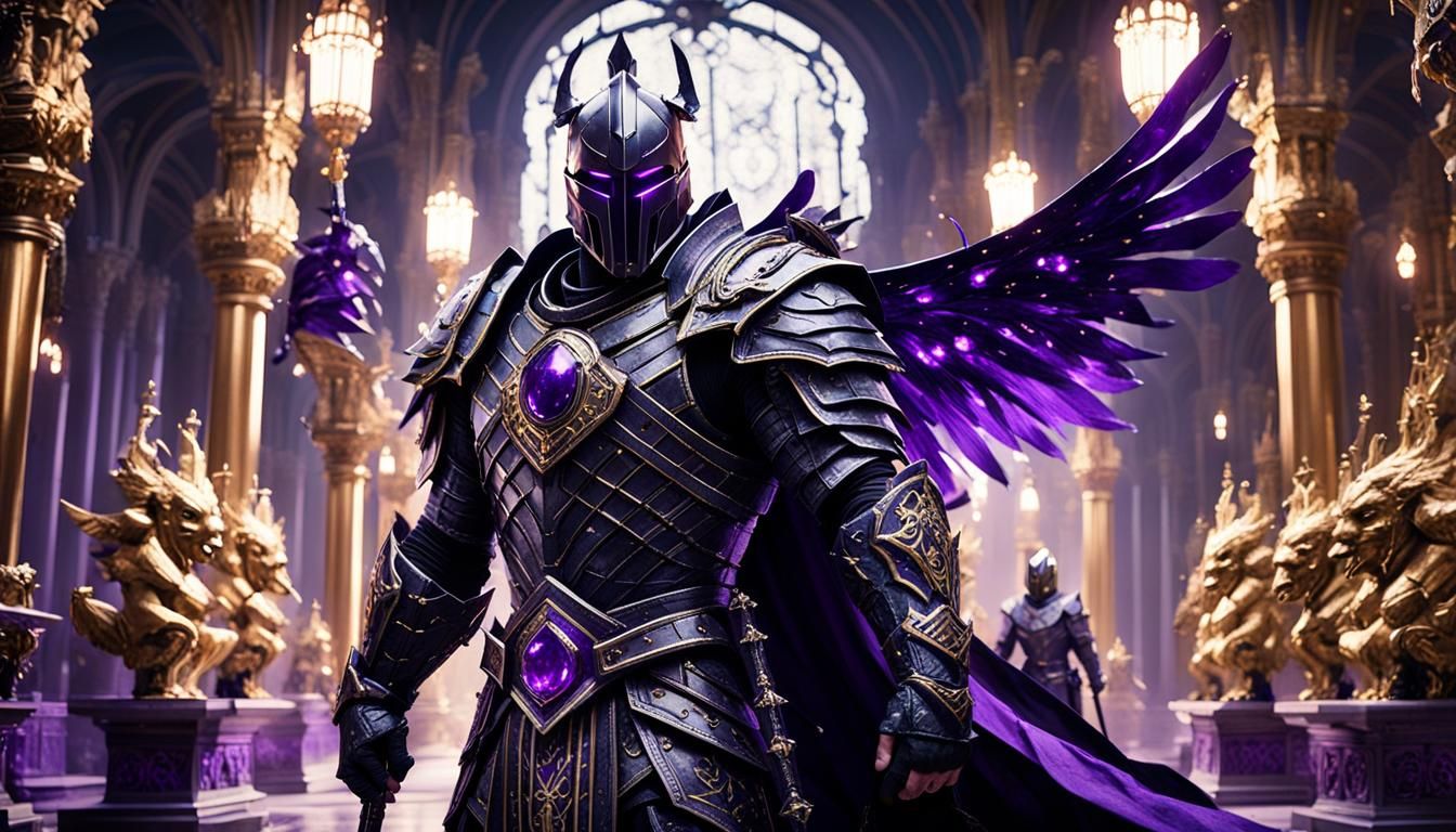 Winged Knight in Black Armor with Flaming Sword