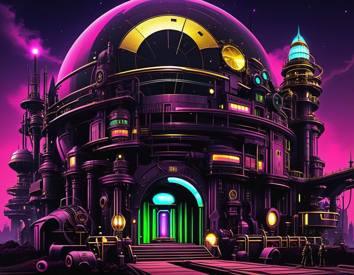 Steampunk Weirdcore Synthwave Arcology Cityscape