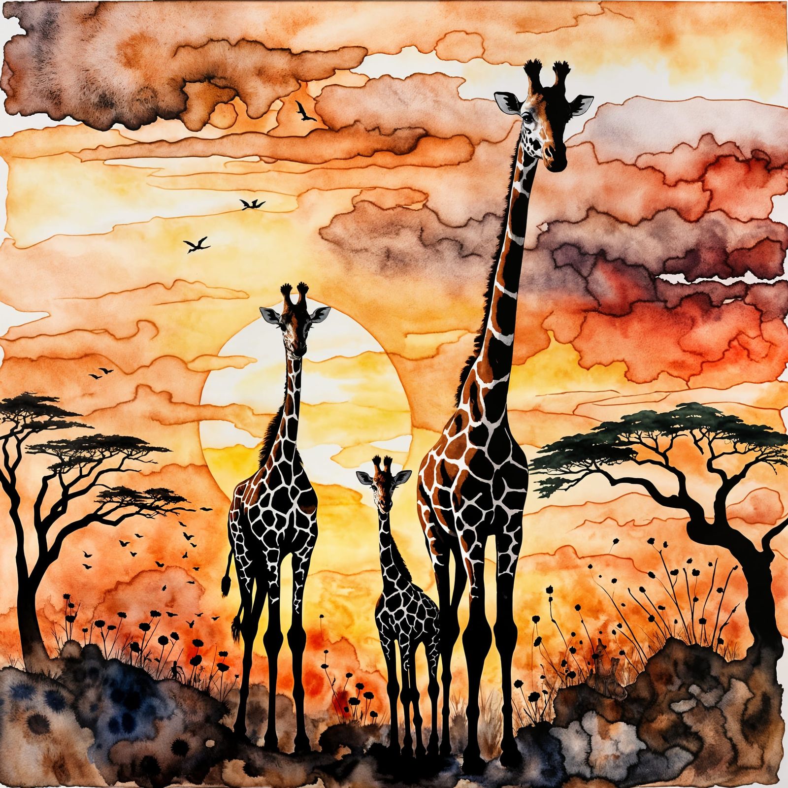 Watercolor Giraffes in Serengeti Sunset