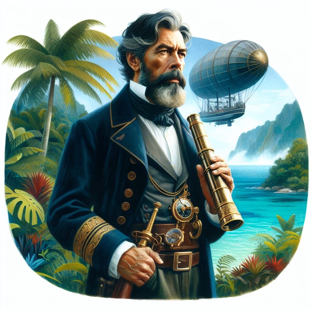 Captain Nemo on Tropical Island, Gouache Painting