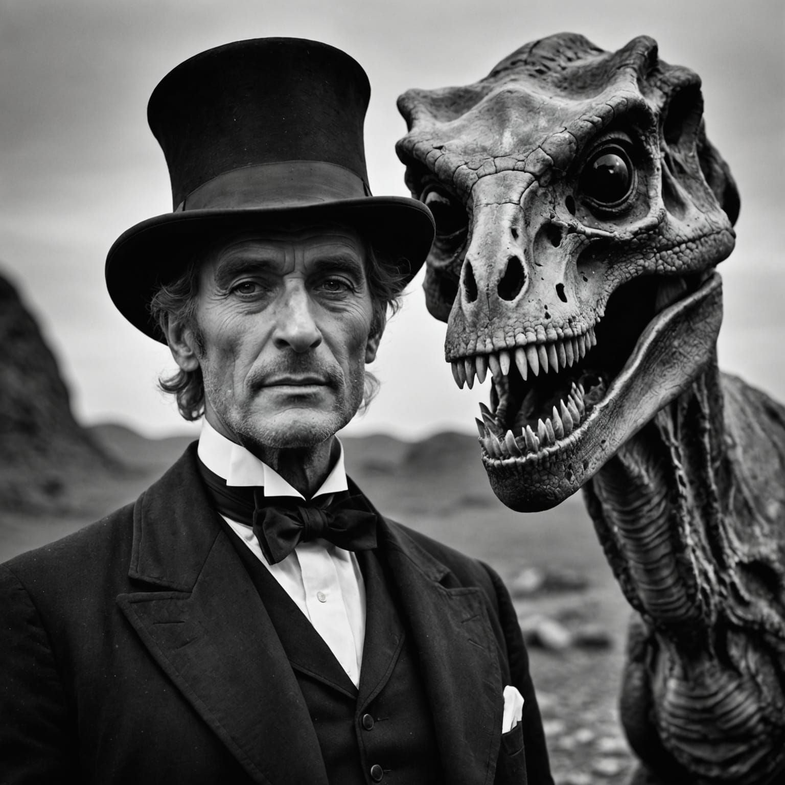 1800s Geologist Posing With T-Rex Skull