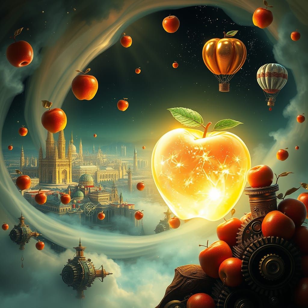 Ethereal Apple Realm: Whimsical Cityscape
