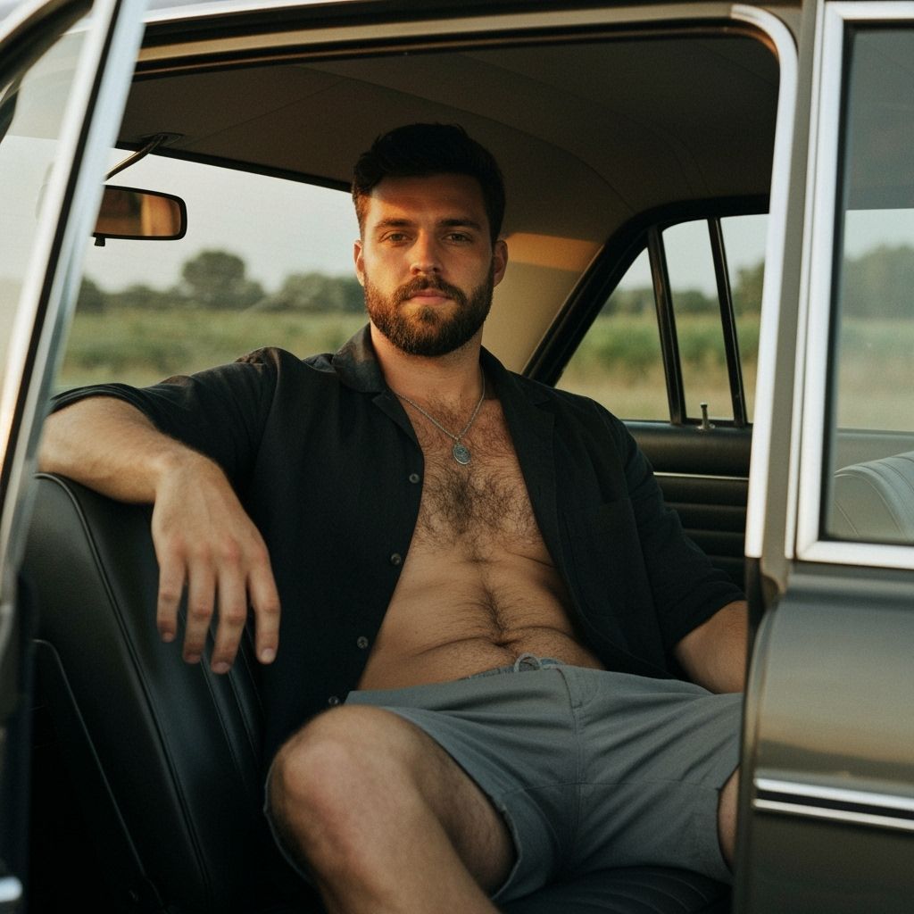 Sunlit Portrait of Confident Man in Vintage Car