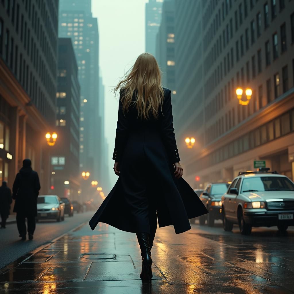 Woman in Cityscape: Cinematic Futurism