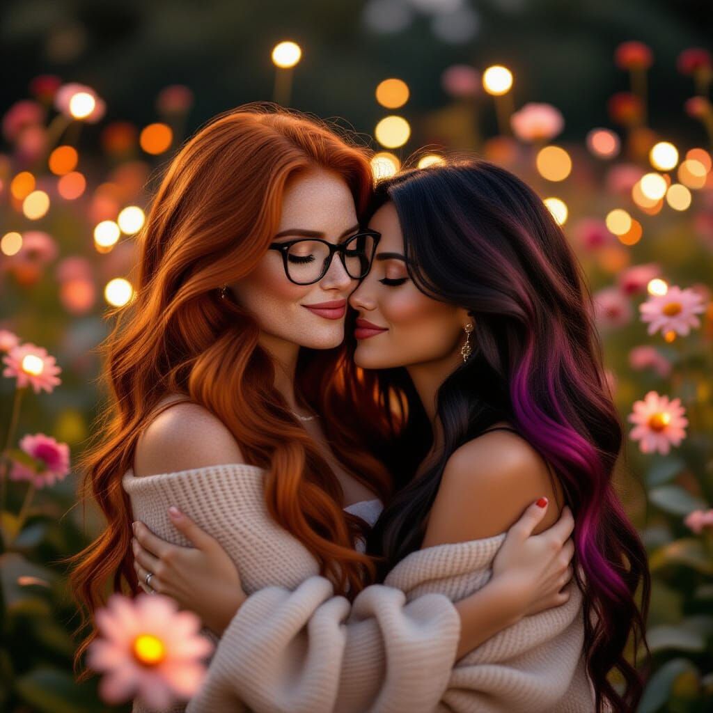 Passionate Embrace of Two Women in Photographic Style