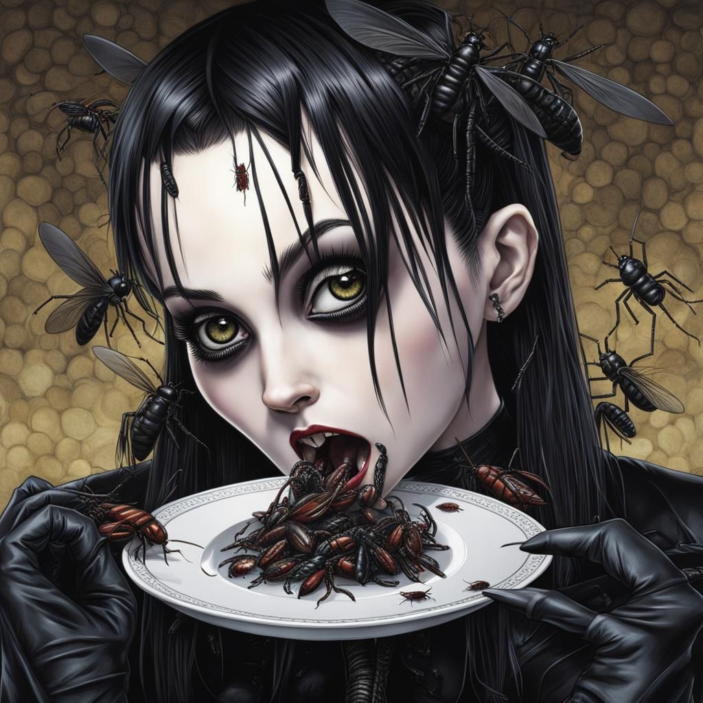 Gothic Girl Eats Bugs in Realistic Photograph