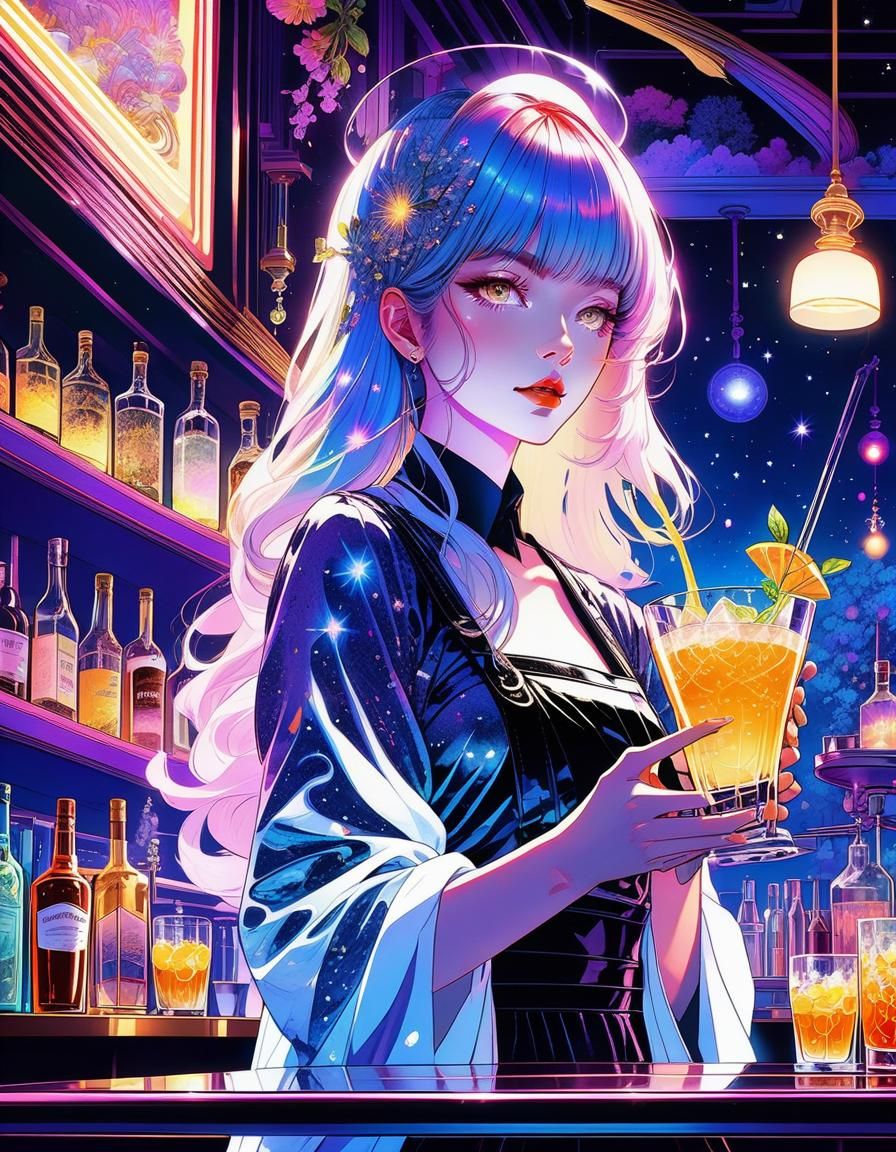 Psychedelic Bartender in Enchanted Bar: Digital Art