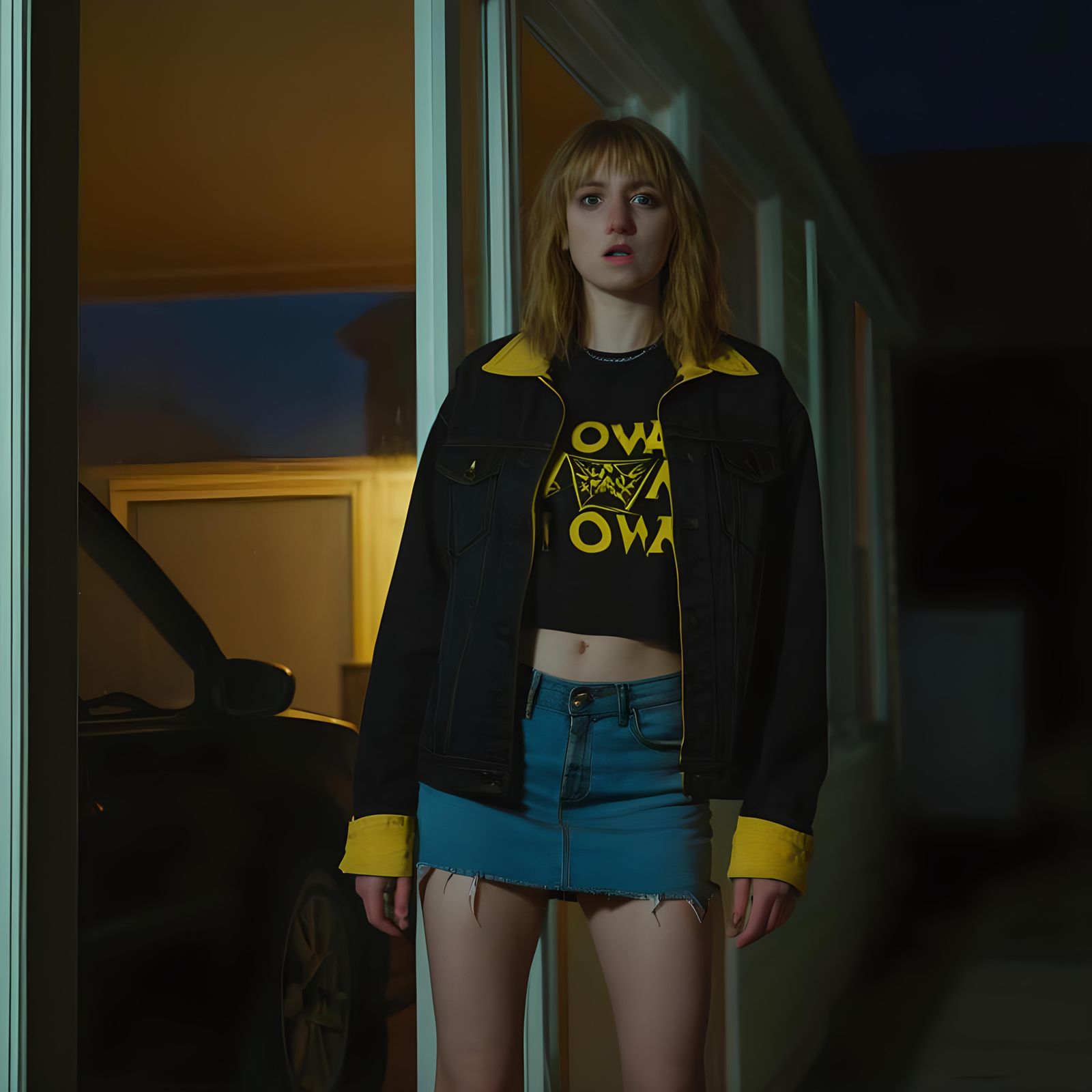 Woman in Iowa Jacket and Denim Skirt