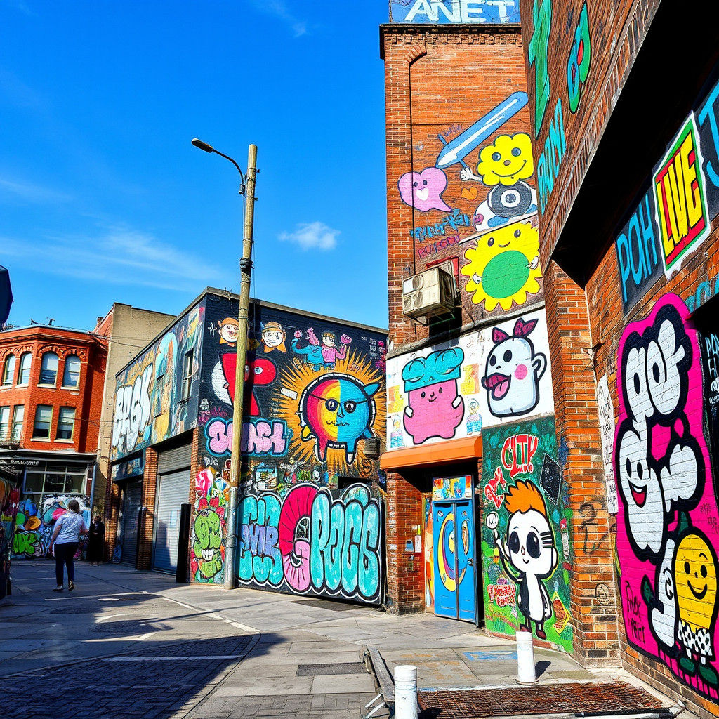 Vibrant Street Art Scene with Colorful Designs