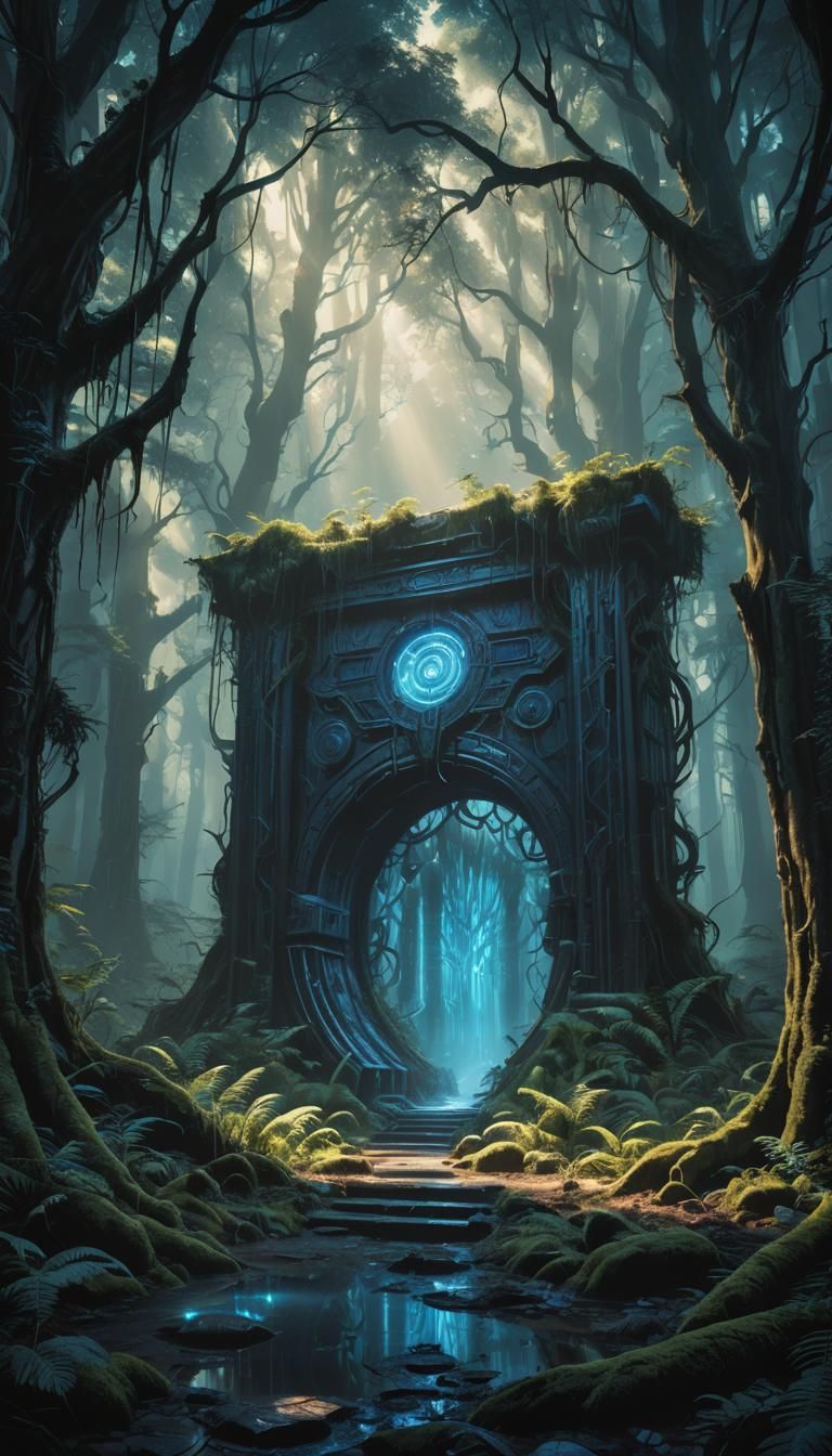 Mystical Blue Portal in Sci-Fi Forest