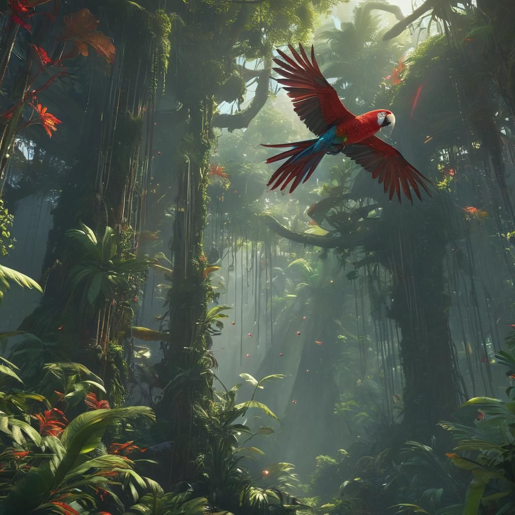 Mechanical Macaw Soars Through Cyberpunk Rainforest