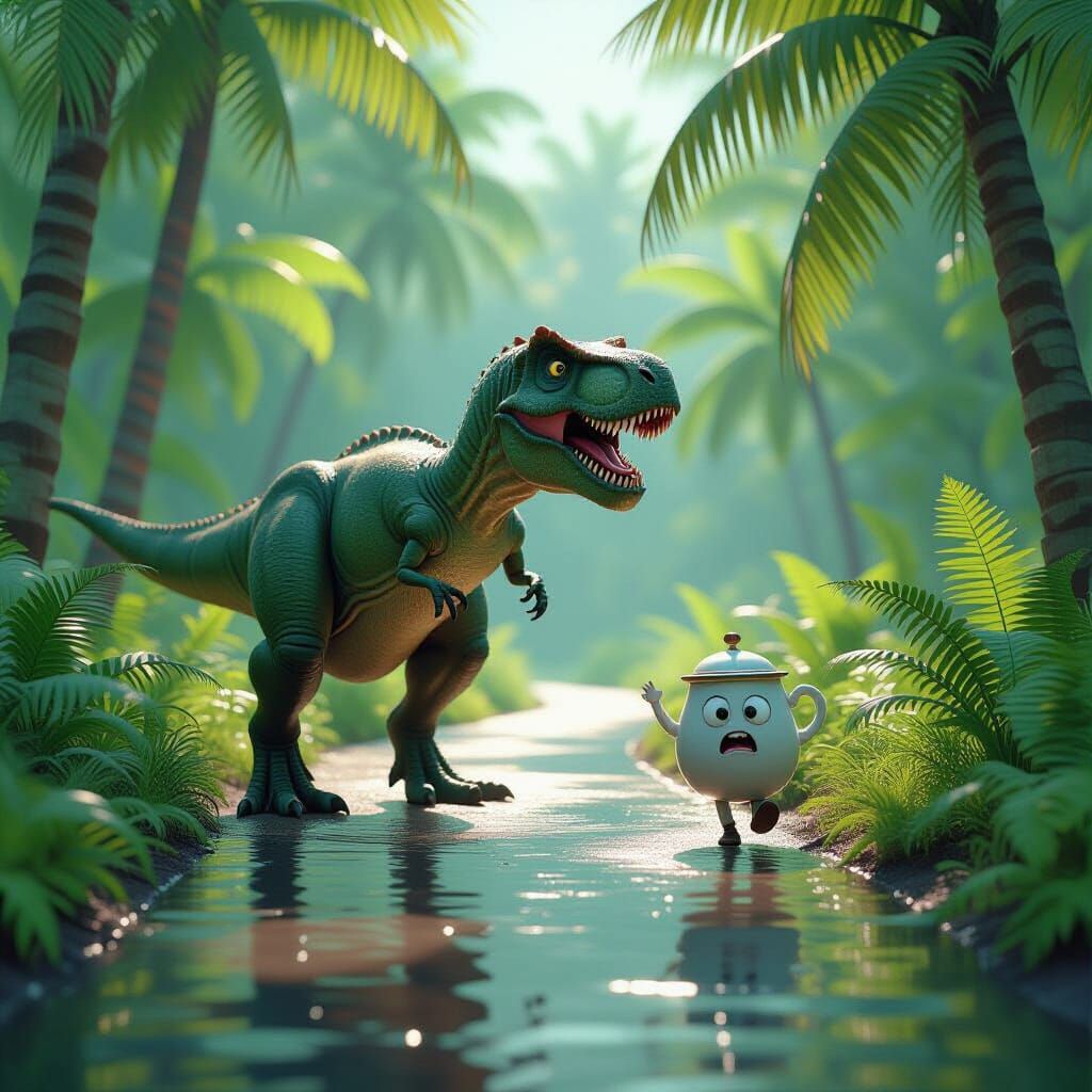 A T-Rex is on a polished shiny metal path that strikes off into green wilderness, over streaming swamp, among giant fern...