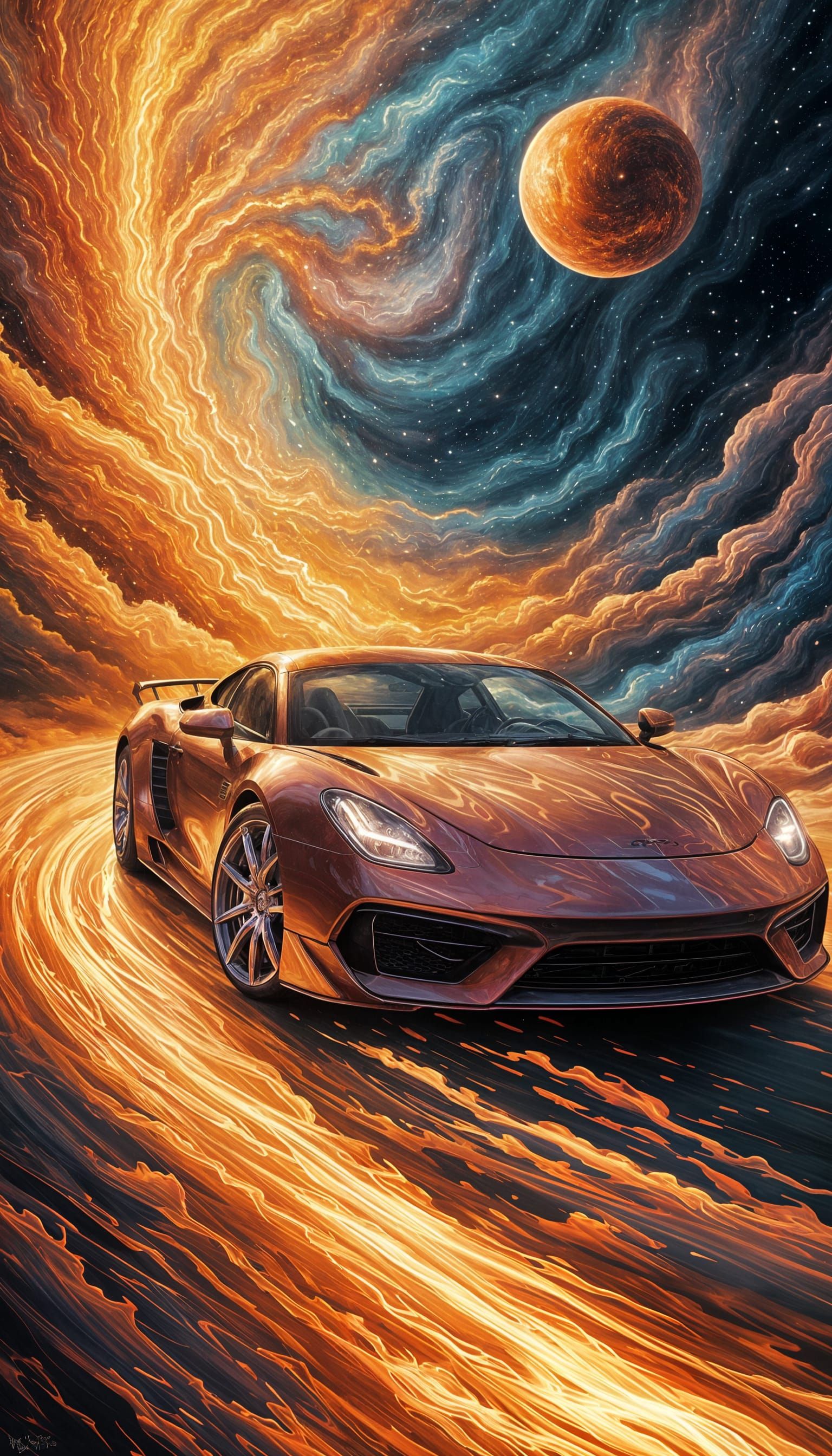 Flaming Sports Car Races on Cosmic Road