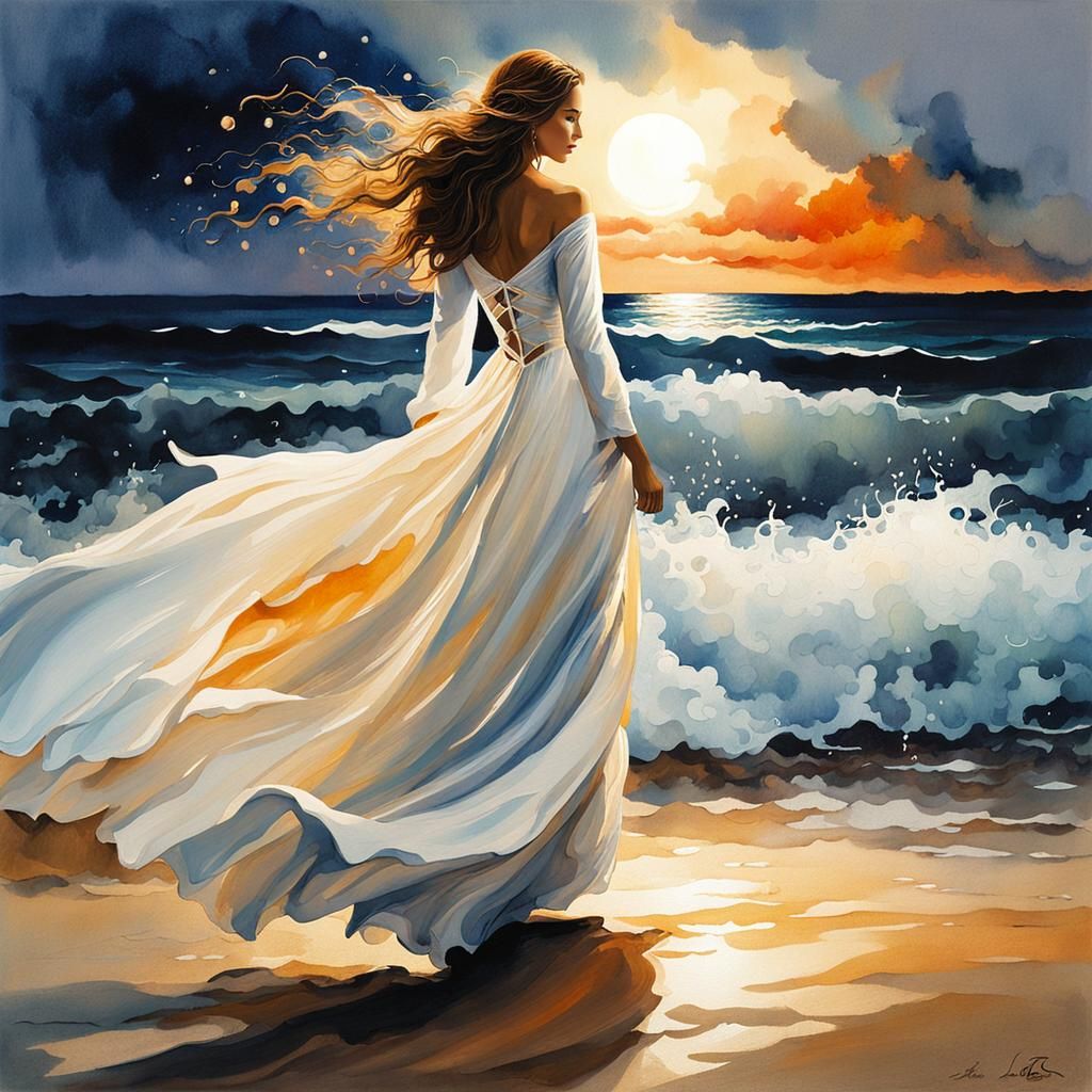 Ethereal Woman in White Gown on Beach