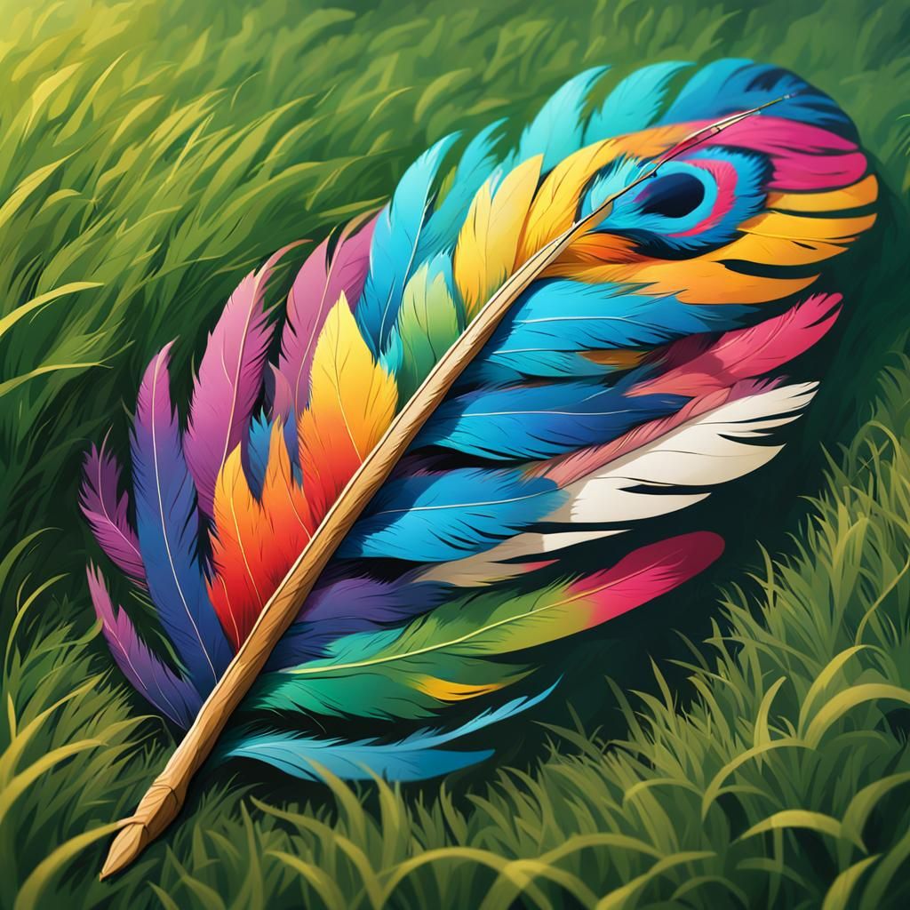 Colorful Feather in Grass: Hyperrealistic Splash Art