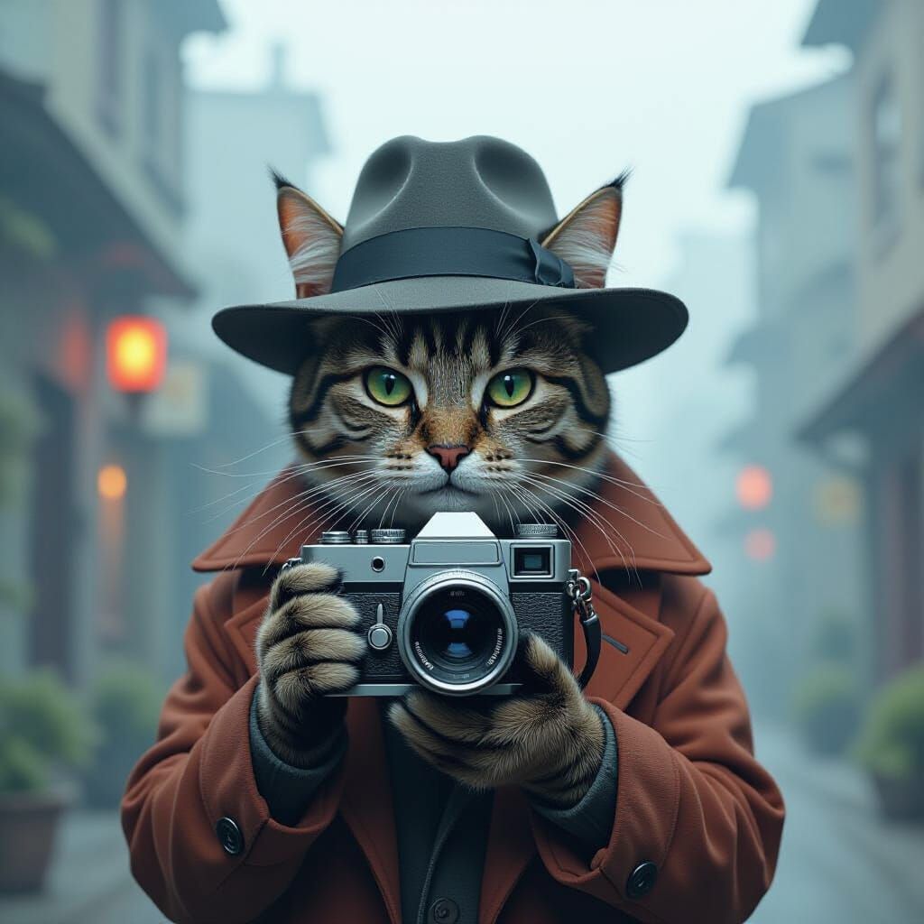 Whiskered Cat Photographer in Retro-Futuristic Style
