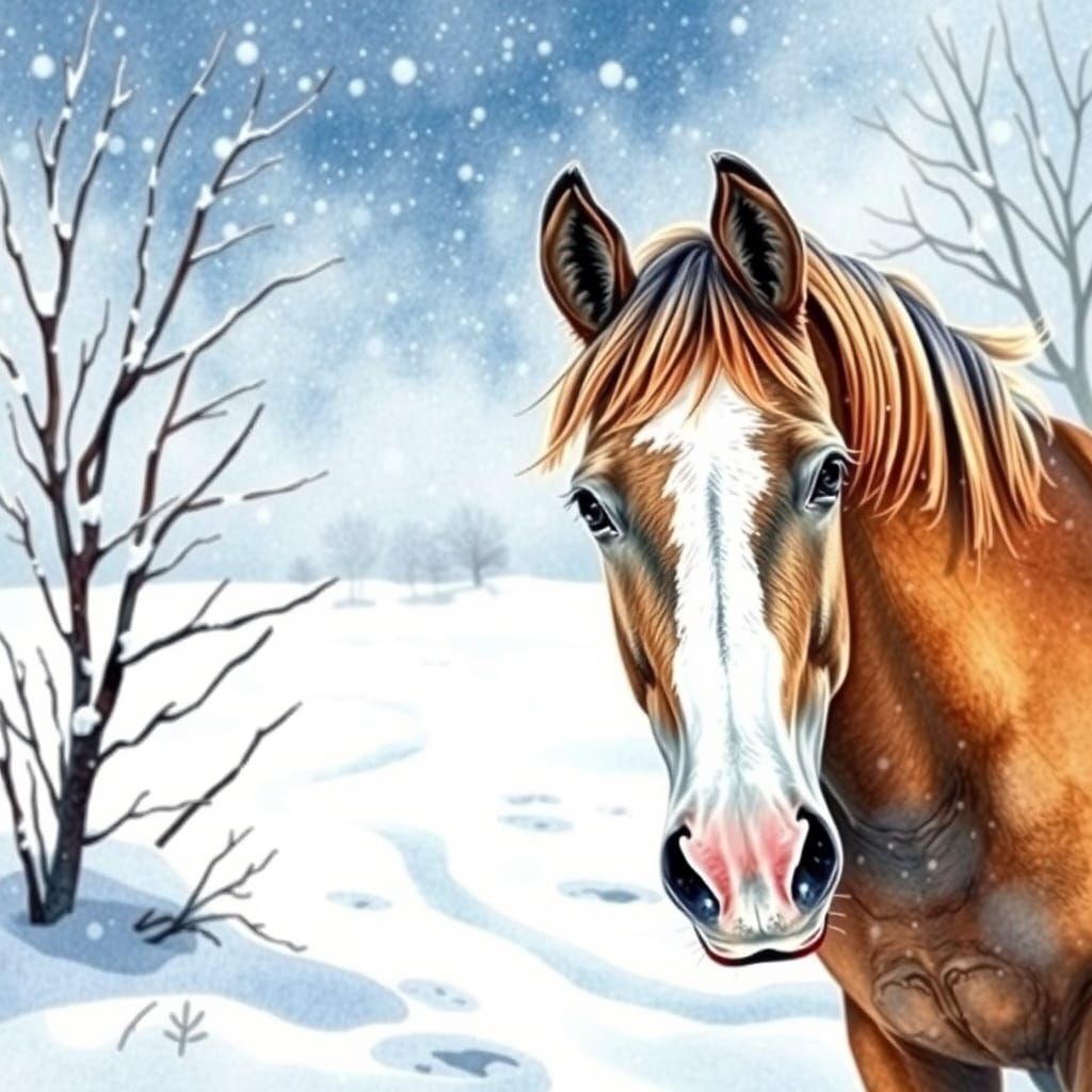 Watercolor Horse in Winter Wonderland