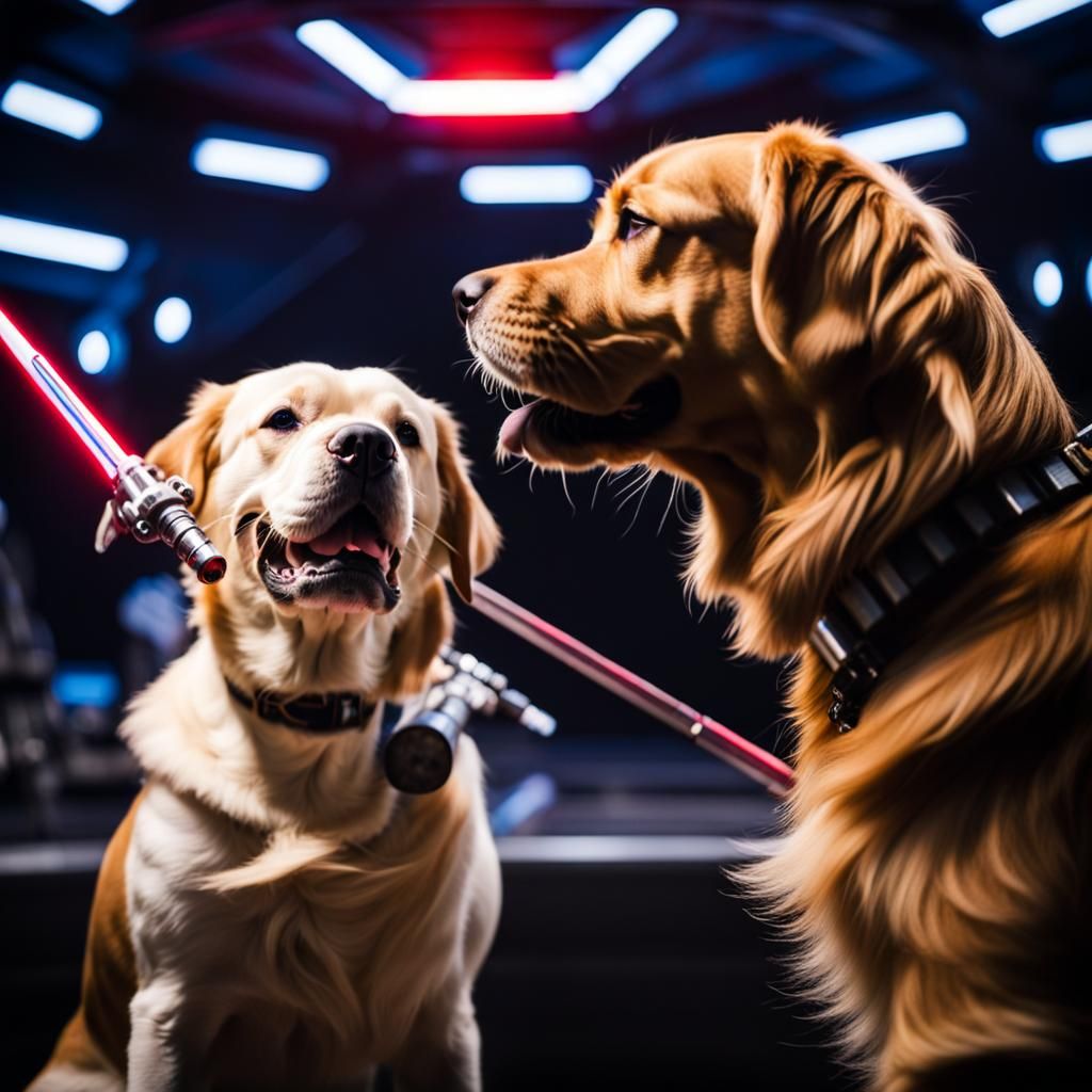 Dogs Fight with Light Sabers in Spaceship