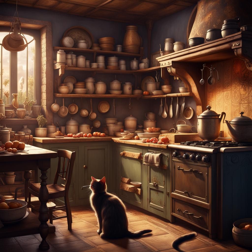 Cats Rule Humans in Fantastical Kitchen, 8k Art