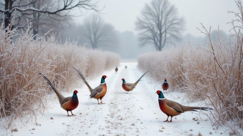 Pheasants in Winter Landscape as Realist Painting