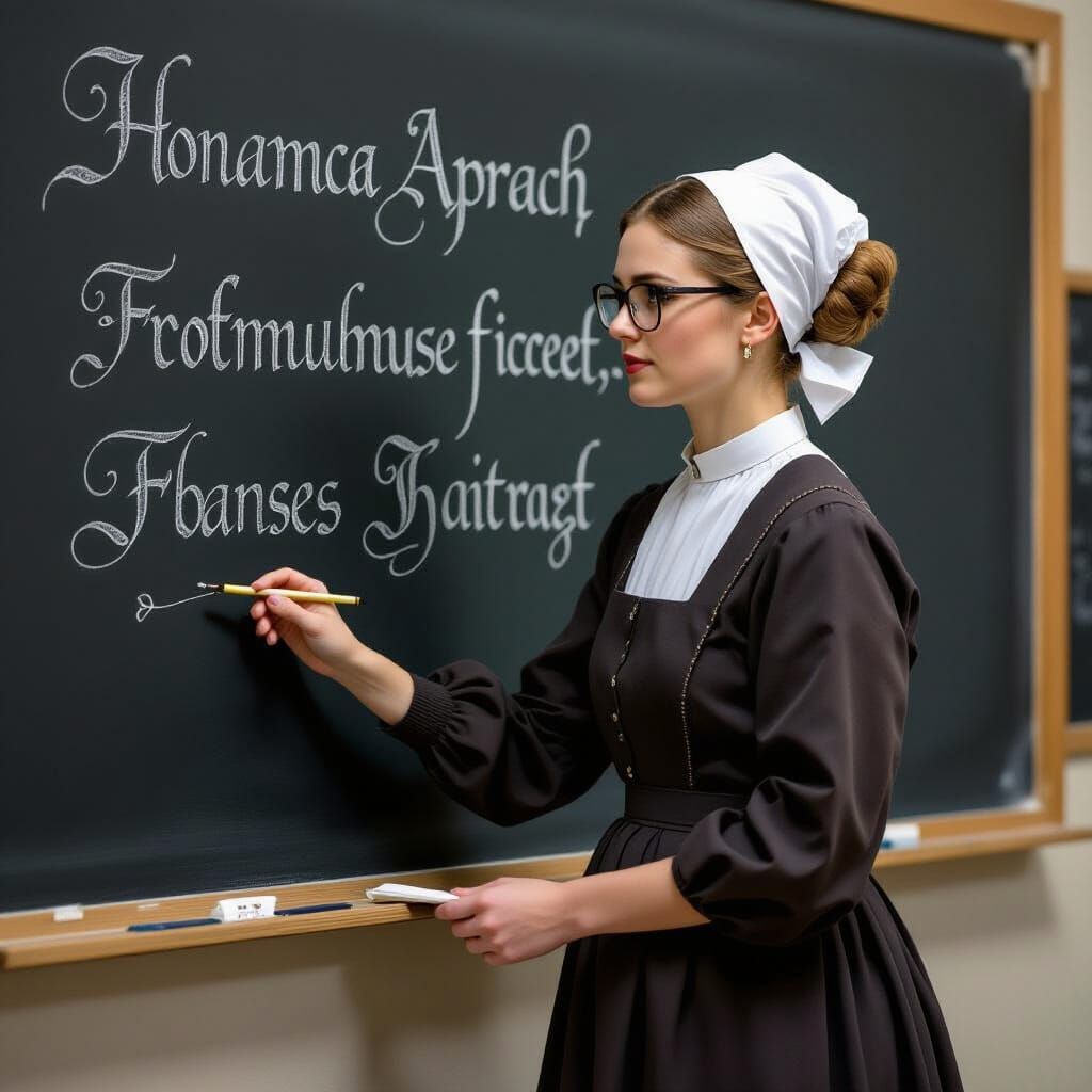 Amish Teacher Demonstrating Fraktur Calligraphy