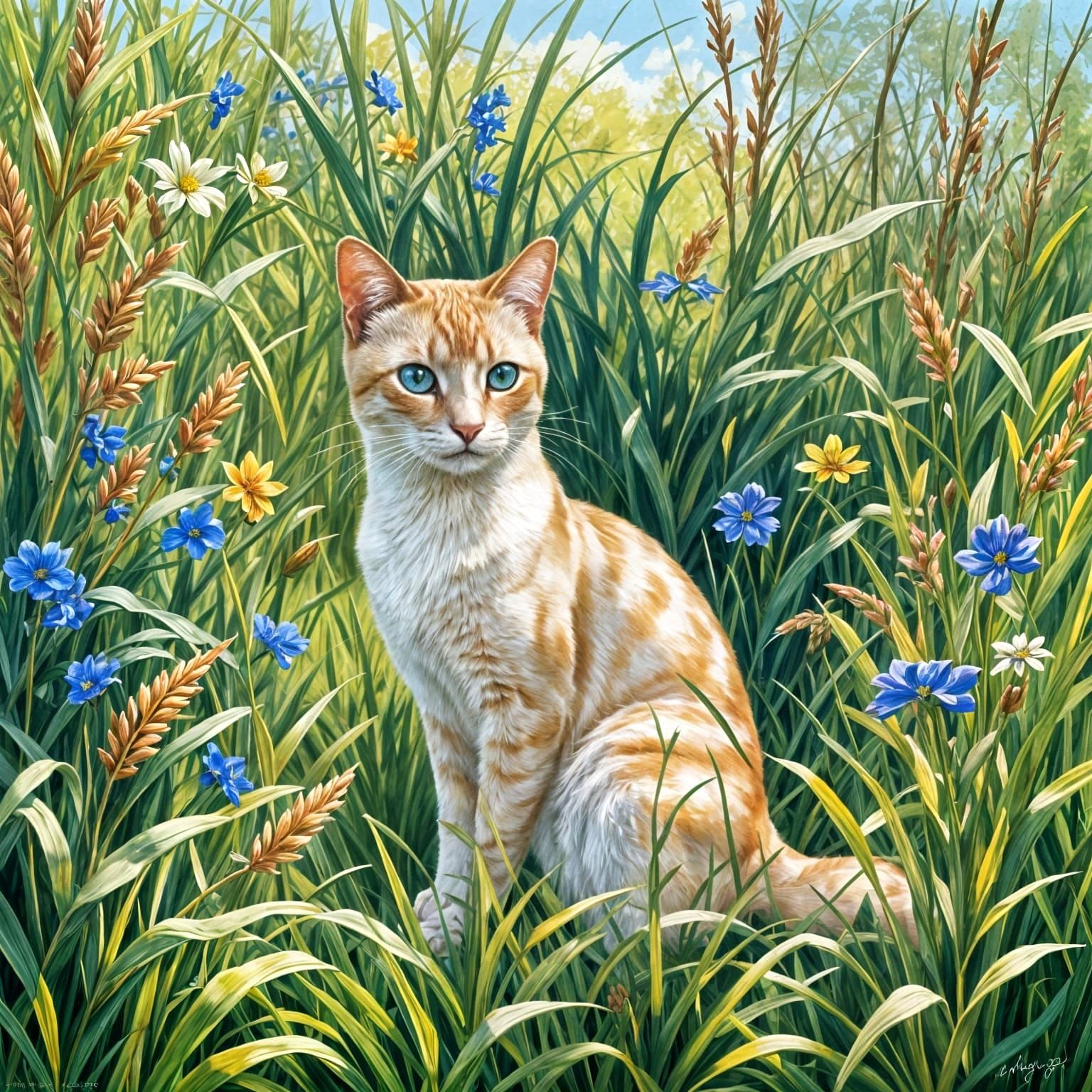 Siamese Cat Hunting Mouse in Gouache Style