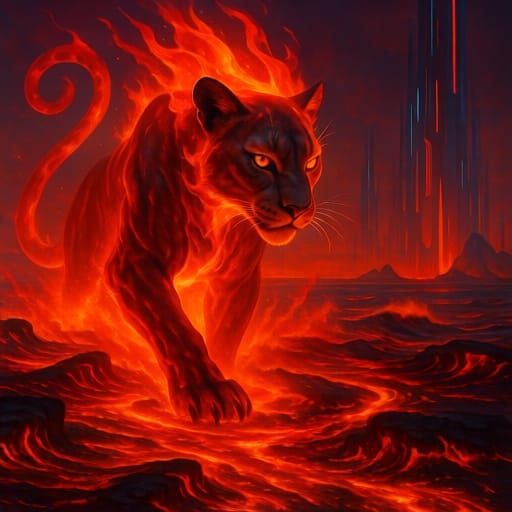 Fiery Puma Emerges from Lava Sea in Digital Art Style