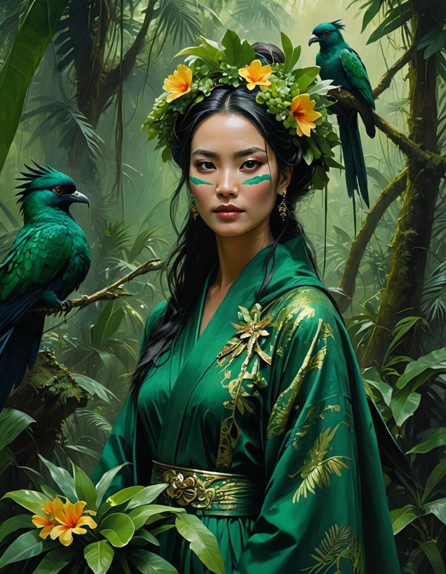 Emerald Woman with Quetzal Bird: Oil Painting