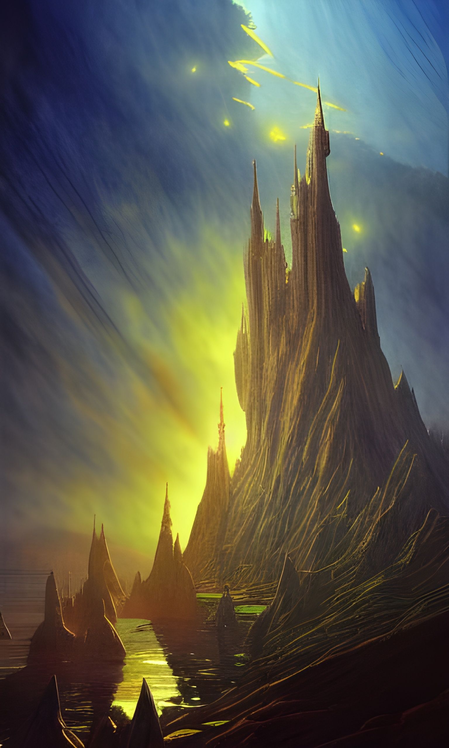 Futuristic Castle in Fantasy Landscape: Detailed Mixed Media...