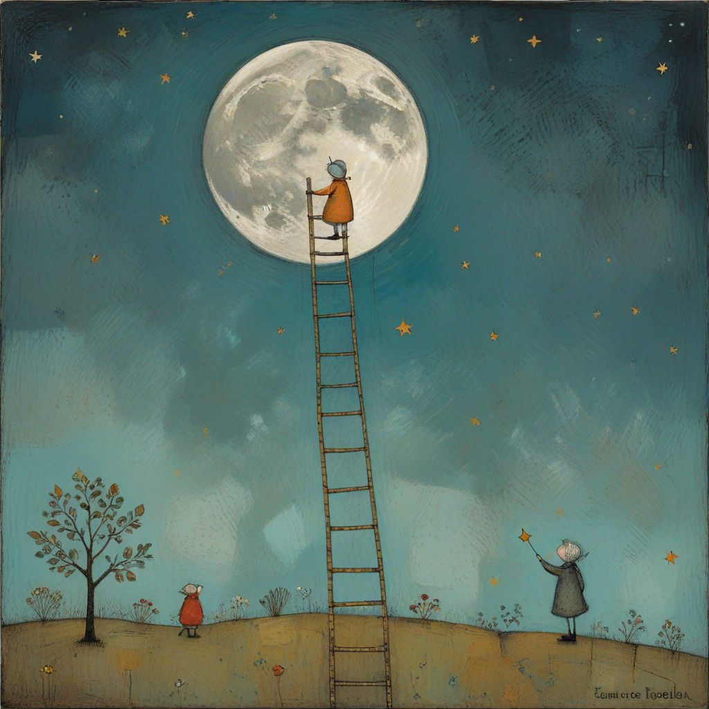 Whimsical Ladder to the Moon Illustration