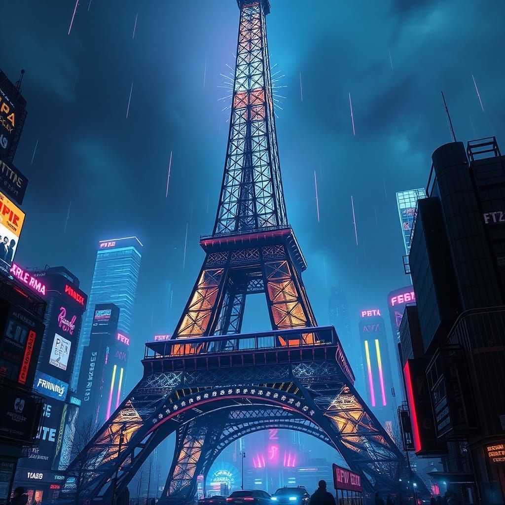 Cyberpunk Eiffel Tower in a Neon Cityscape, 2250