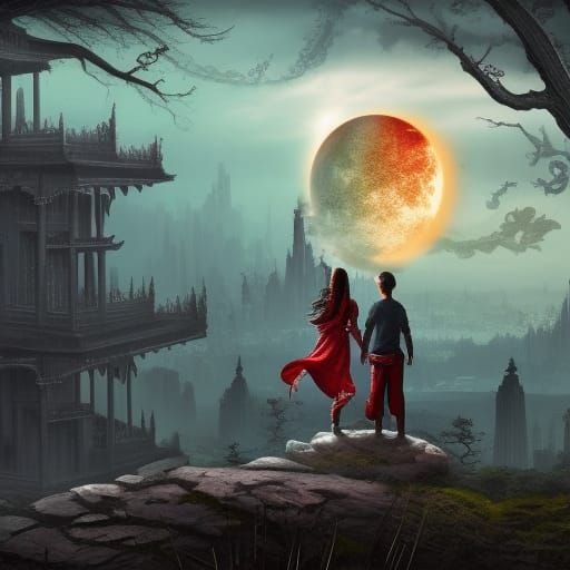 Yin-Yang Moon Over City Ruins: Fantasy Art