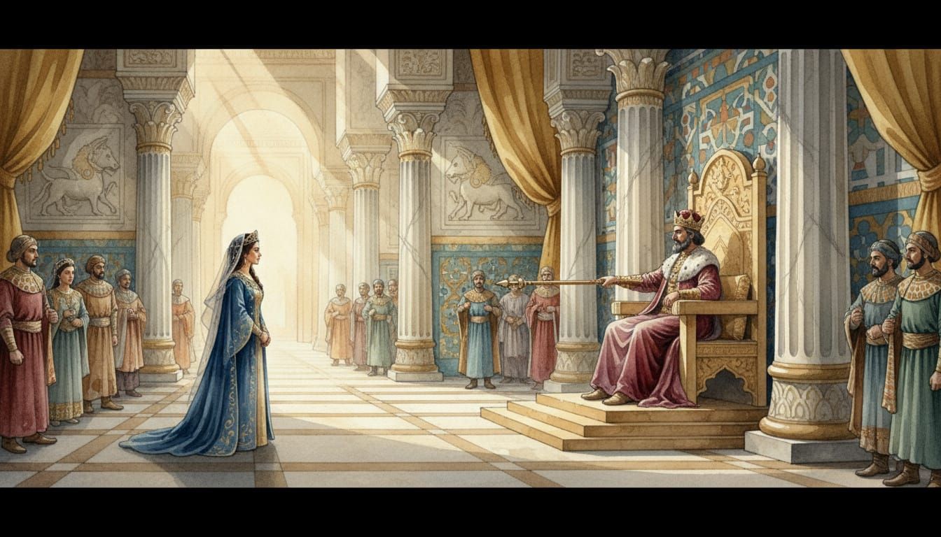 Queen Esther Approaches King Xerxes in Watercolor Painting