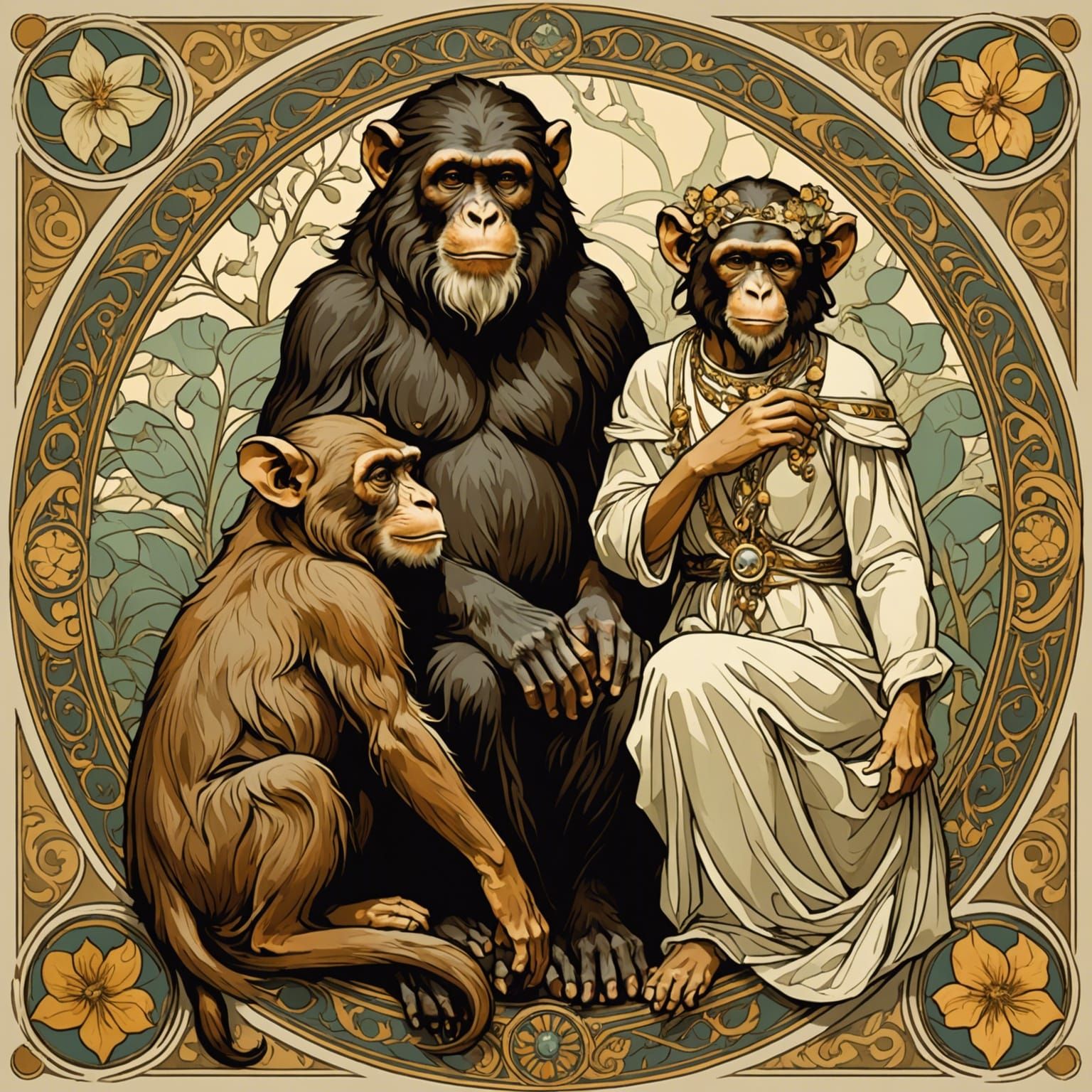 Primates in Alphonse Mucha Inspired Art Nouveau Style