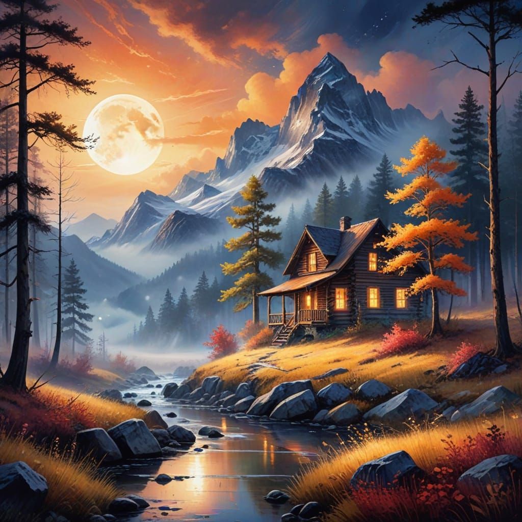 Warm Watercolor Landscape Under a Bright Full Moon