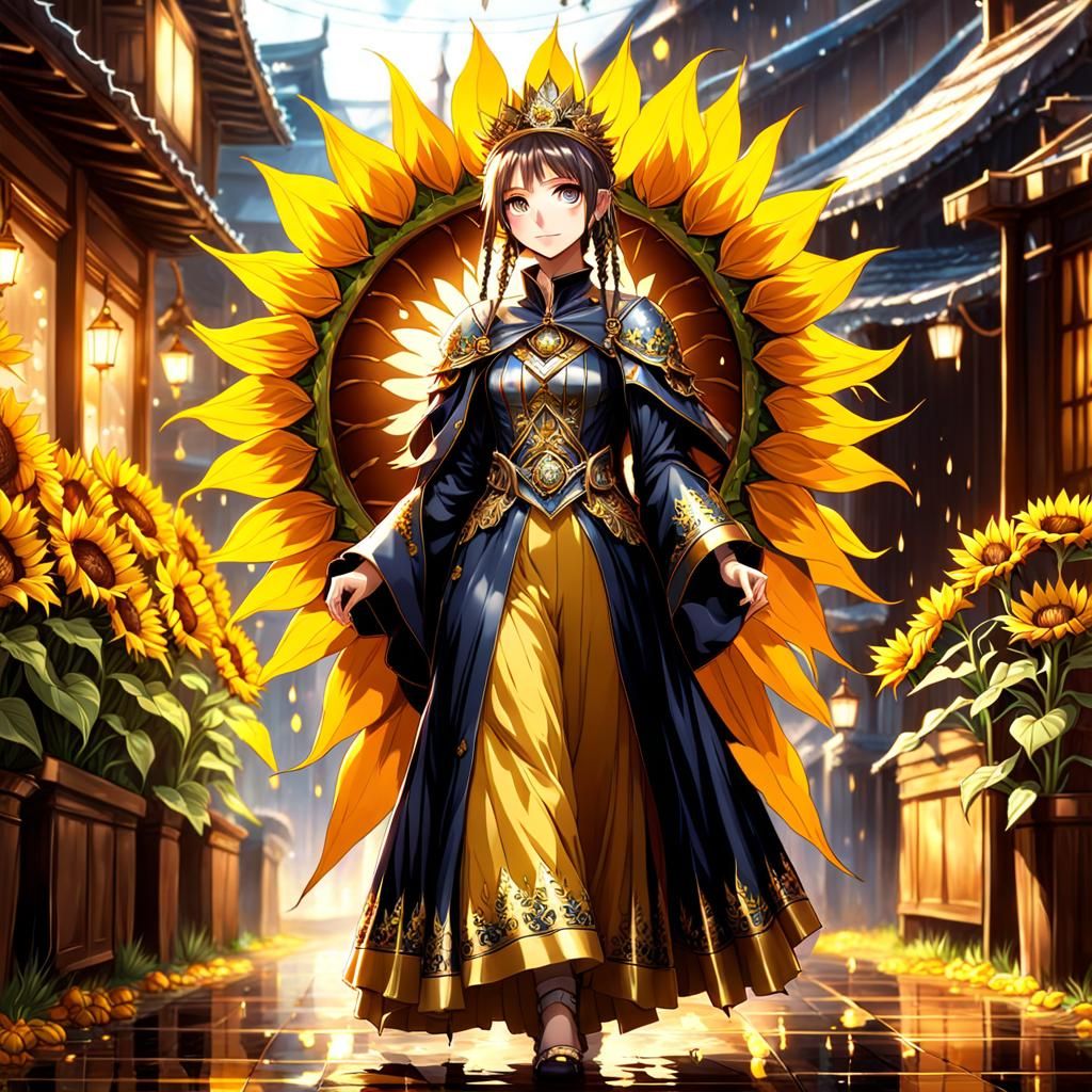 Anime Sunflower Princess in Rainsoaked Courtyard
