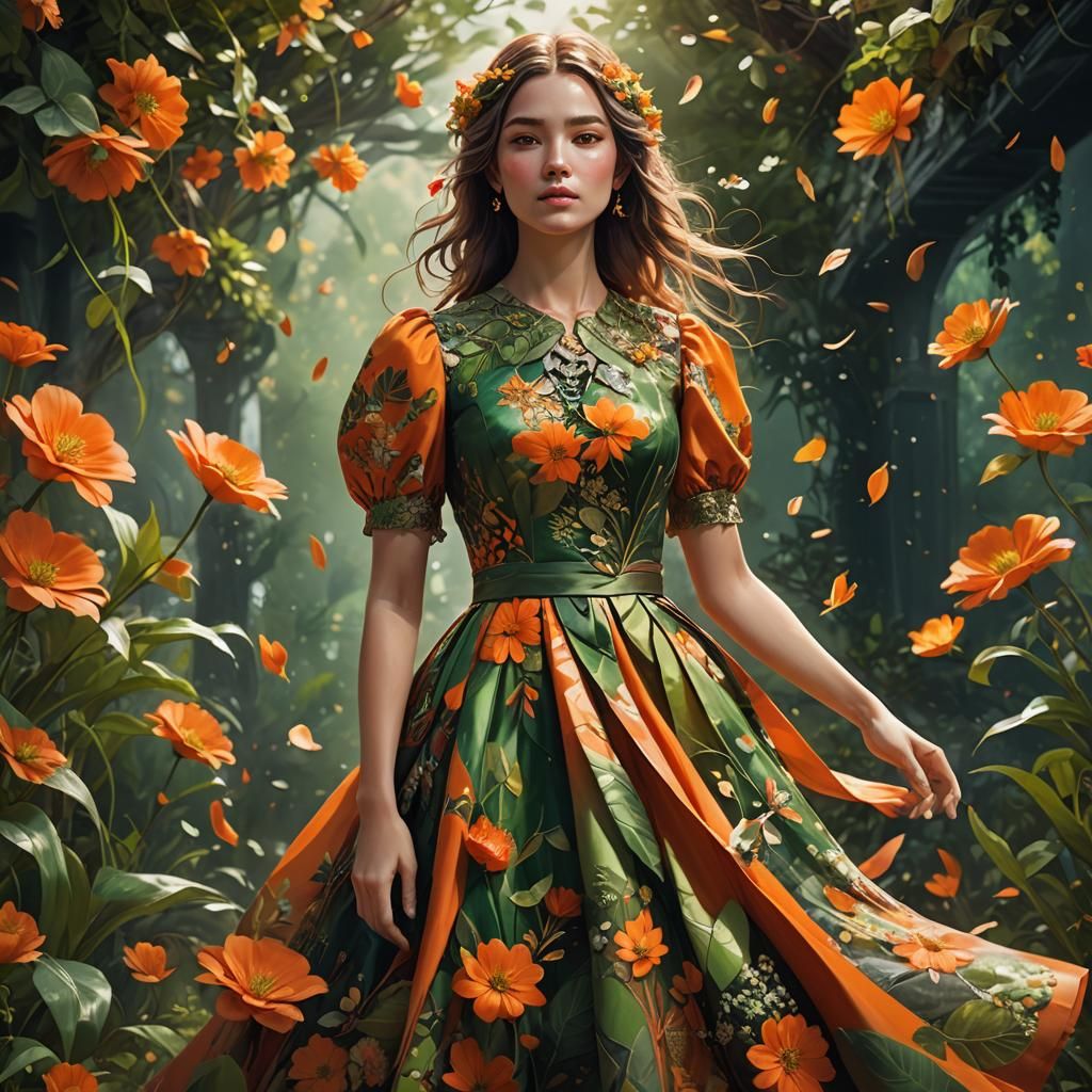 Woman in Orange and Green Dress with Floating Flowers
